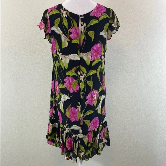 Milly Black and Pink Floral Flutter Sleeve 100% Silk Sundress Large - Picture 4 of 10